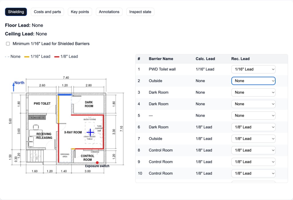 Review calculated thicknesses and edit final shielding recommendations before export.